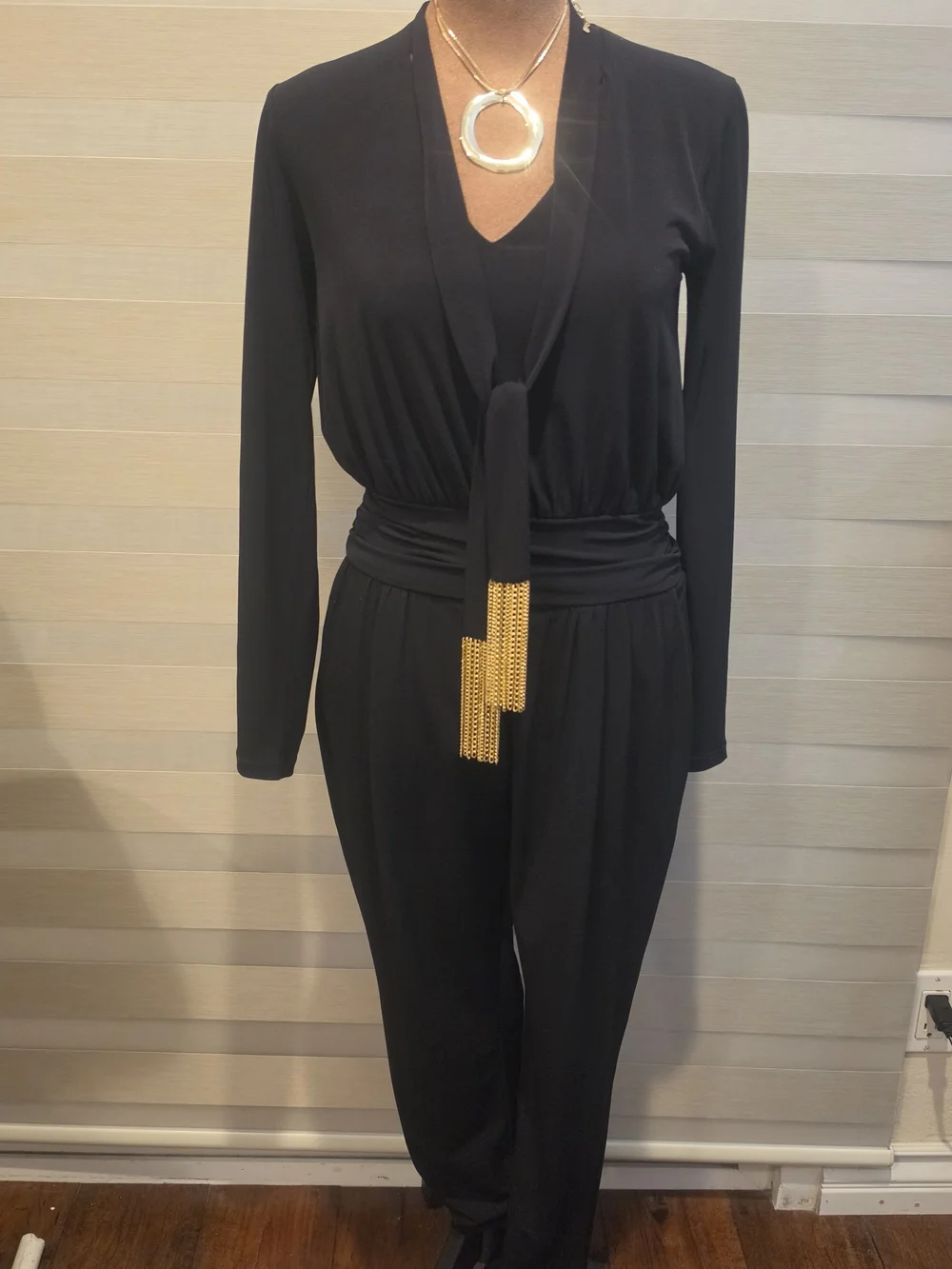 Michael Kors Black Jumpsuit with Gold Chain Tassels